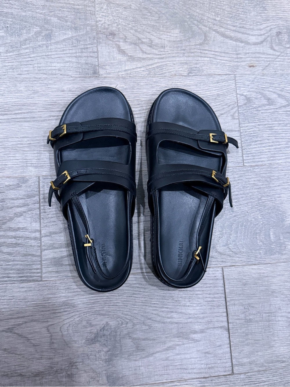 Simkhai Black Double-Strap Leather Sandals with Gold Buckles